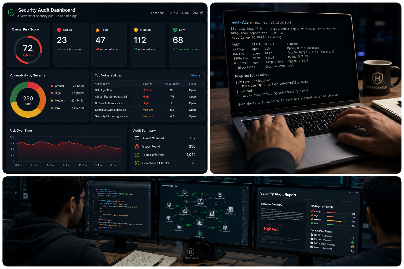 HierroShield security audit dashboard, penetration testing, vulnerability analysis, and audit reporting