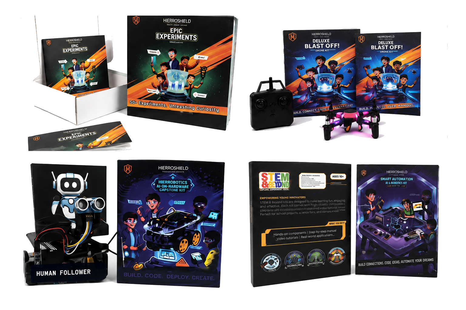 HierroShield STEM kits including Epic Experiments, drone, human follower robot, AI hardware, and smart automation kits