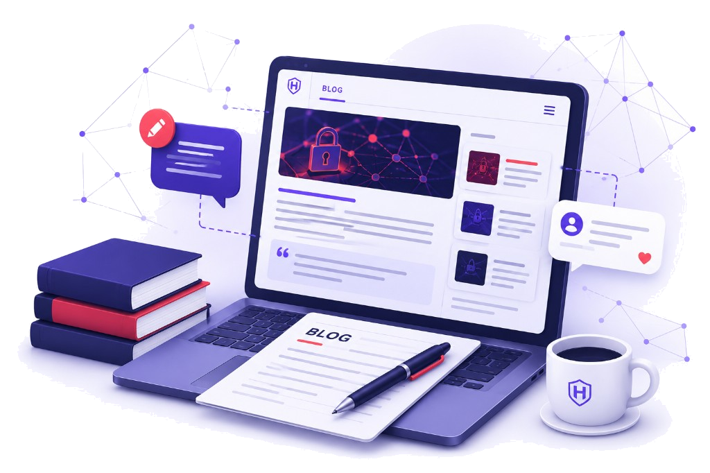 HierroShield cybersecurity blog displayed on a laptop with books, notes, and reader interactions