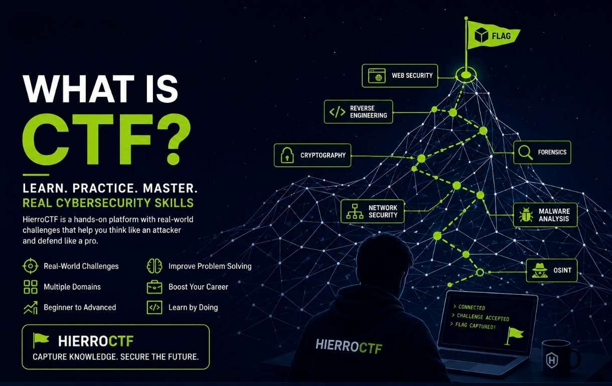What is CTF? HierroCTF learning path showing cryptography, reverse engineering, web security, network security, forensics, malware analysis, and OSINT leading to a captured flag