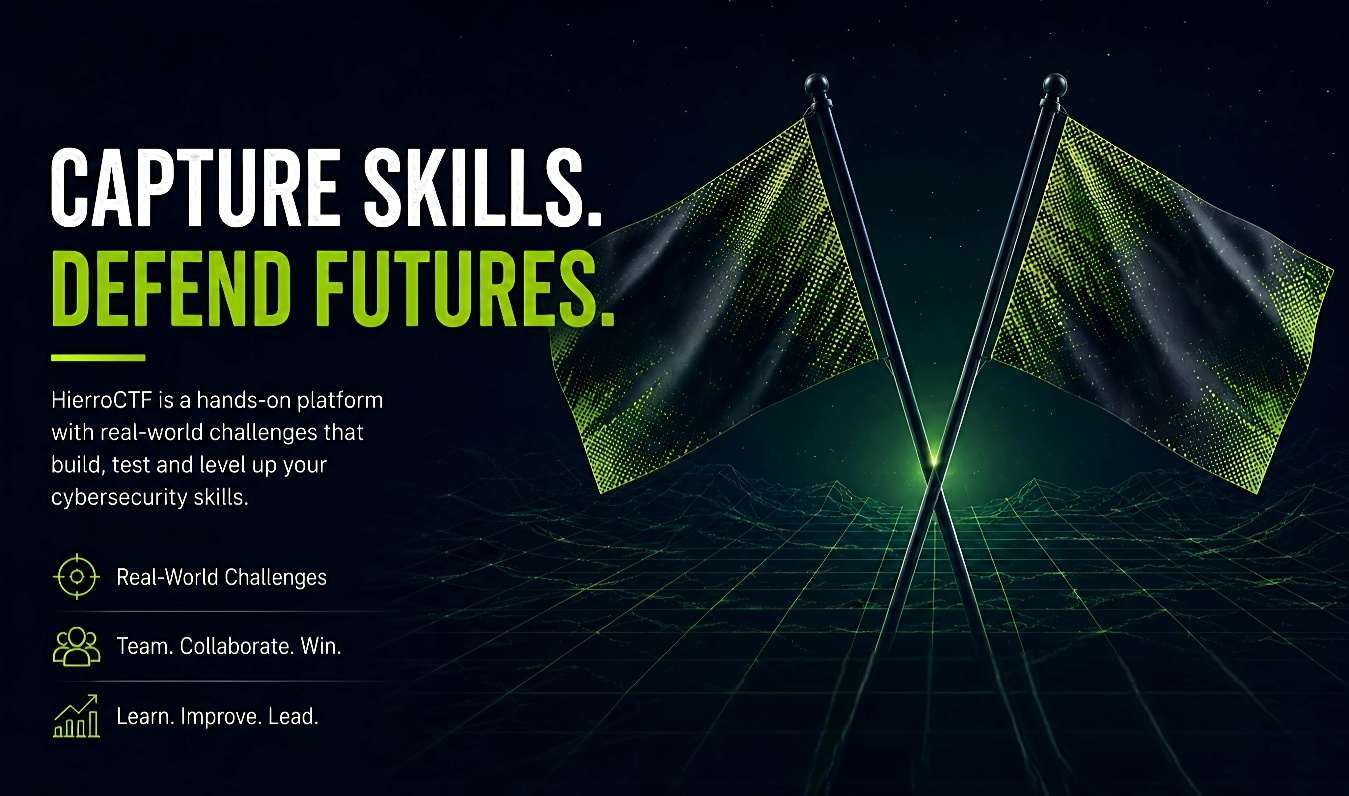 Capture Skills. Defend Futures. HierroCTF promotional graphic with crossed digital flags and real-world cybersecurity challenge themes
