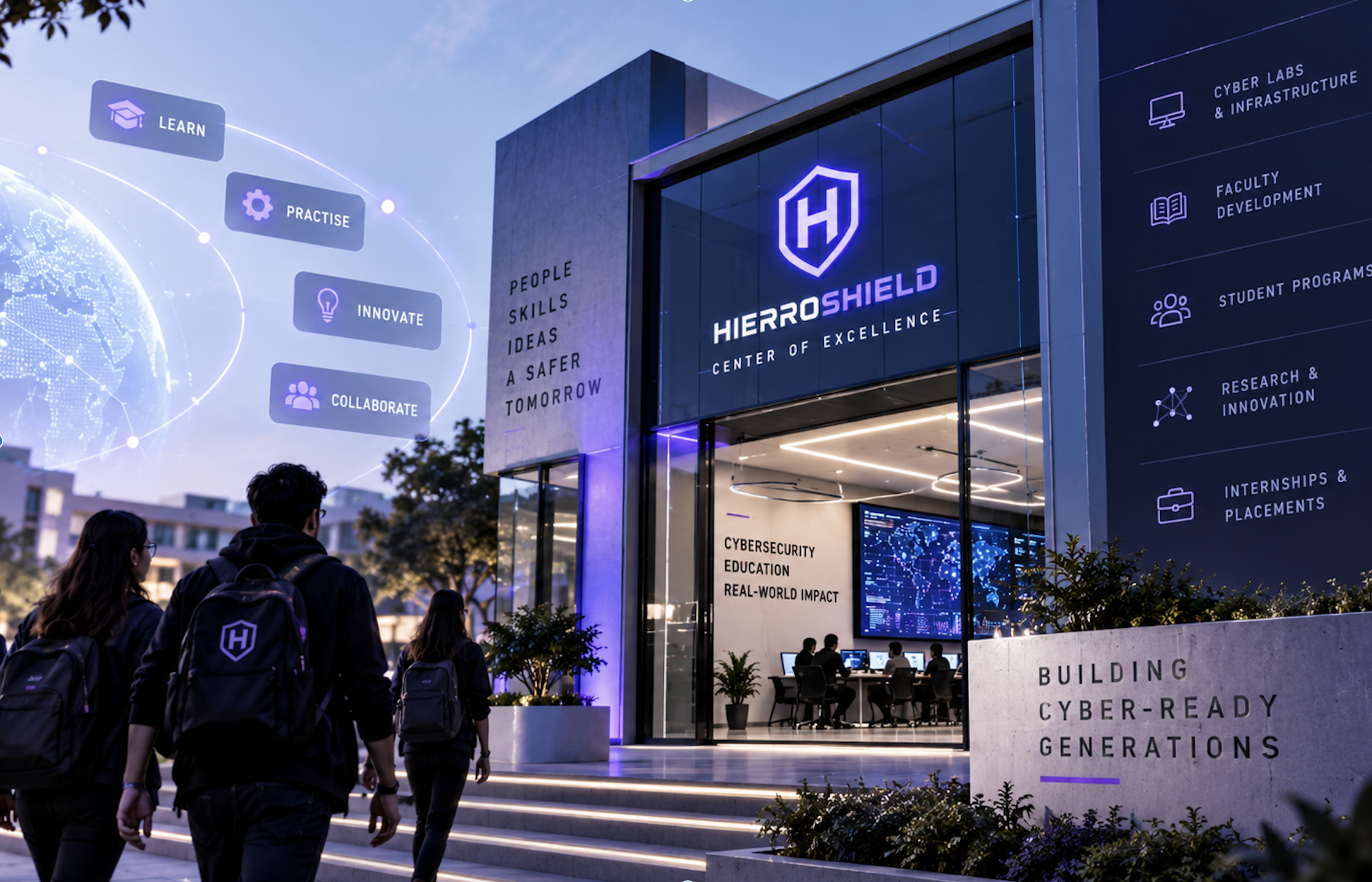 HierroShield cybersecurity operations laboratory with SOC screens and workstations