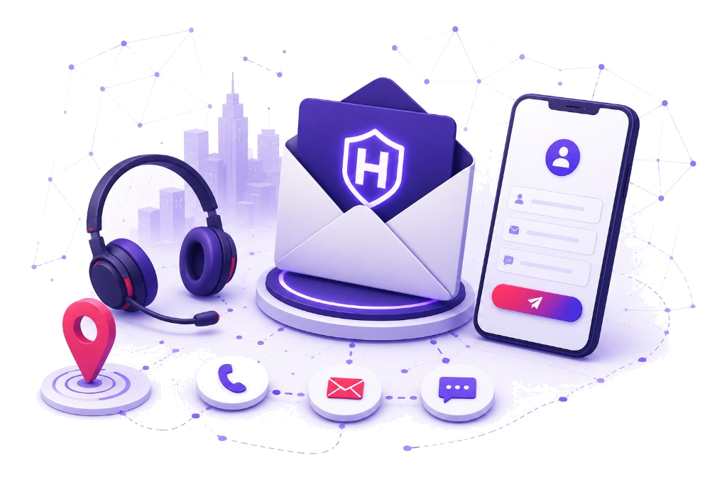 HierroShield contact channels including email, phone, messaging, and location